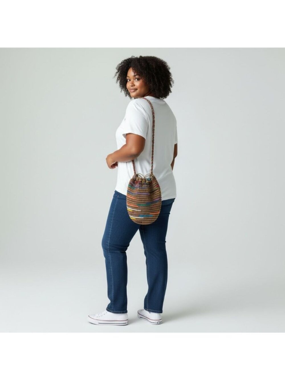 Colorful Handwoven Drawstring Bucket Bag With Braided Strap Boho Style